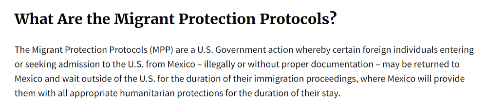 根据川普政府跟墨西哥政府“移民保护计划”，或者叫“移民保护协议（Migrant Protection Protocols，MPP）”的协议。要在本国等待美国的法官处理难民申请。