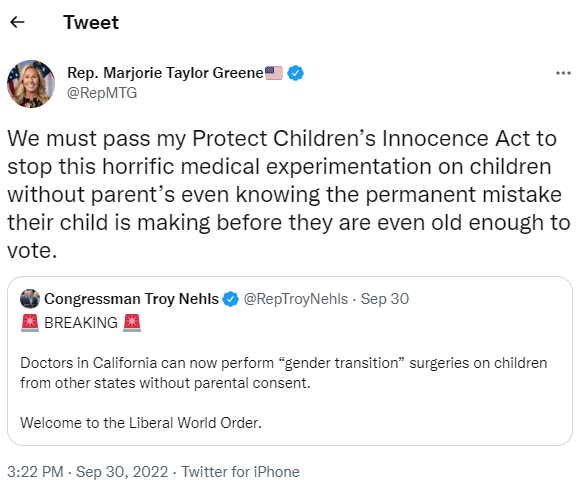 公众号文章在攻击了民主党和心理健康法后，又借机提出要读者去支持另一个名为Protect Children’s Innocence Act ——保护童真法案，其中提到的法案的提出和拥护者“马大姐”，也就是议员马乔里·泰勒·格林（Marjorie Taylor Greene），是一位极右的政客，也是阴谋论的传播者。