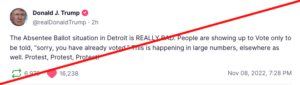 选举日下午，前总统川普在Truth Social上发帖称：“缺席选票的情况在底特律非常的糟糕。人们出现在投票点却被告知‘你已投过票了’。这种情况大量发生！抗议，抗议！”
