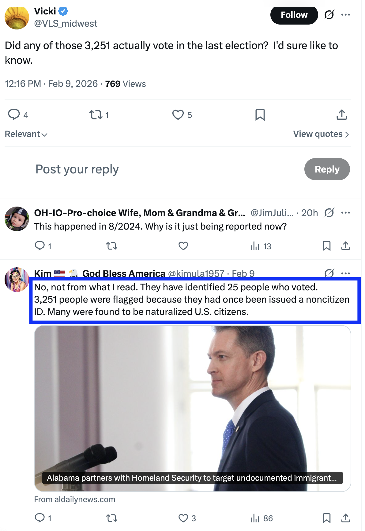 在评论区，有人质疑：这三千多人“真的有在选举中投票”吗？有网友回复称，他们看到的报道显示，实际被认定参与投票的仅有25人；而那3,251人之所以被标注，是因为他们“曾持有非公民身份的证件”，许多人后来归化成美国公民。