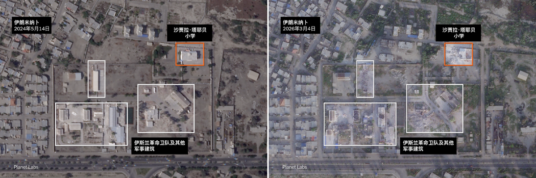 对卫星图像的分析显示，海军基地内的其他几座建筑也在袭击中被精确击中。由于现场没有明显的武器残骸，而且外部记者无法进入现场，因而对于究竟发生了什么难以做出准确判断。图源：《纽约时报》